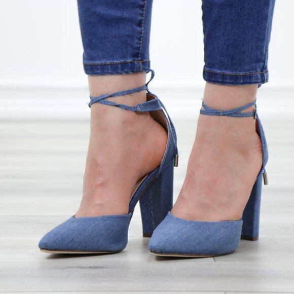 Denim Block Heel Pumps Pointed Toe Wraparound Ankle Tie High Heel - Picture 4 of 12
